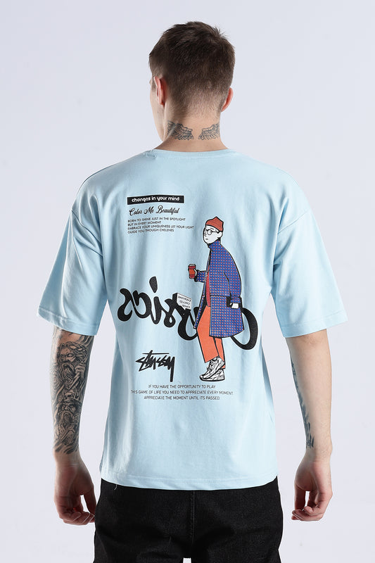 Sky Blue Classics HD Graphic Printed Oversized T-shirt