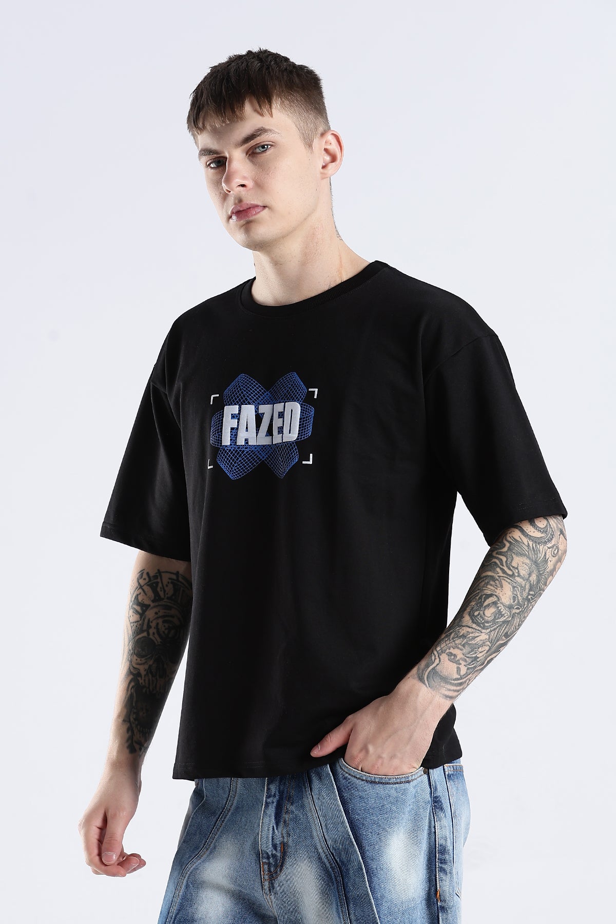 Black Fazed HD Graphic Printed Oversized T-shirt