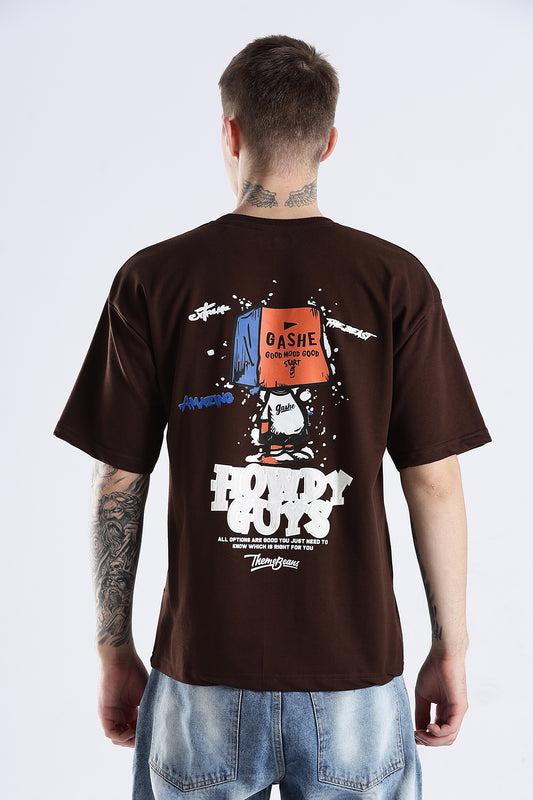 Coffee Howdy Guys Brown Graphic Printed Oversized T-shirt