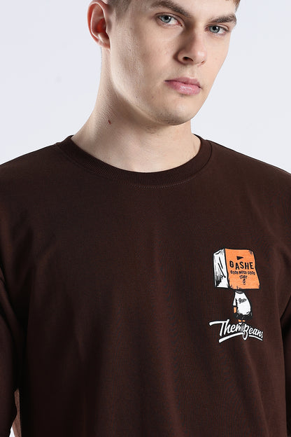 Coffee Howdy Guys Brown Graphic Printed Oversized T-shirt