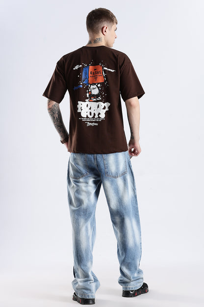 Coffee Howdy Guys Brown Graphic Printed Oversized T-shirt